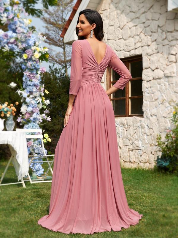 Women's Plain Ruched Split Thigh V Neck Vintage Party Dress, Elegant 3 4 Sleeve A Line Maxi Dress for Party Wedding Guest, Ladies Summer Clothes