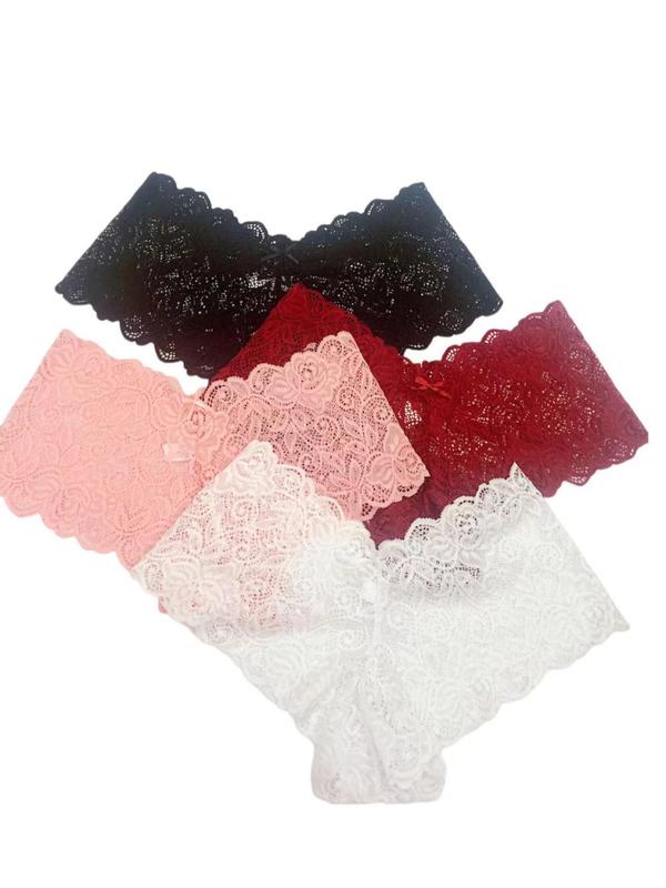 Women's 4pcs Solid Floral Lace Bow Decor Scallop Trim Panties, Casual Soft Comfy Breathable Drop Waist Knicker for Daily Wear, Ladies Underwear for All Seasons, Fall Wear, Fallfreshness