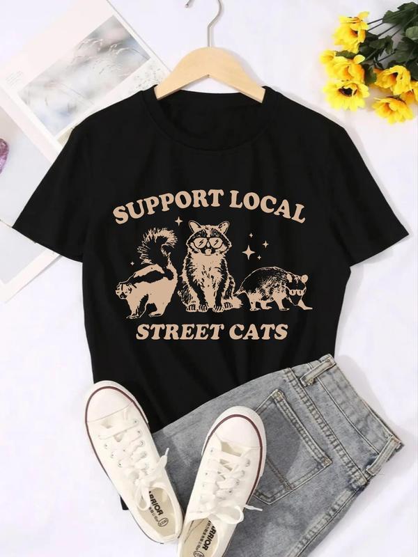 Women's Animal & Letter Print Drop Shoulder Tee, Casual Half Sleeve Round Neck T-shirt for Summer, Fashion Women's Top for Daily Wear Black Girl Outfits