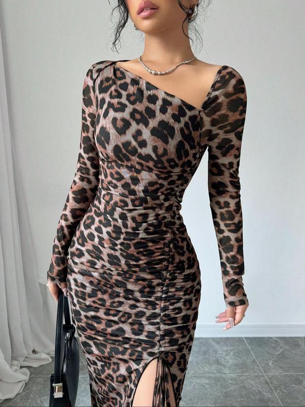 Women's Leopard Print Ruched Drawstring Split Thigh Bodycon Dress, Asymmetrical Neck Long Sleeve Dress for Party Club Dating Wear, Women's Clothing for Summer