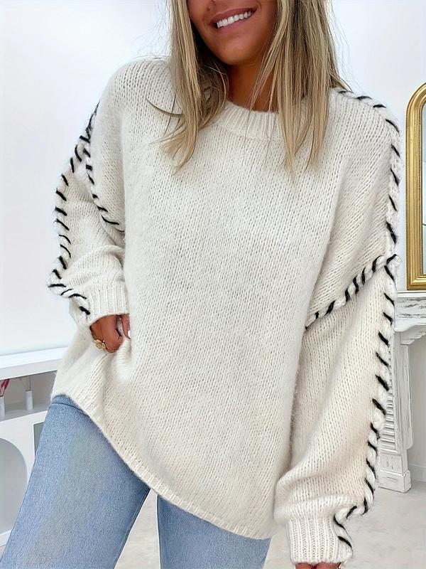 Women's Contrast Binding Drop Shoulder Sweater, Casual Long Sleeve Round Neck Jumper for Fall, Fall Outfits, Fashion Ladies' Knitwear for Daily Wear Fall Sweaters