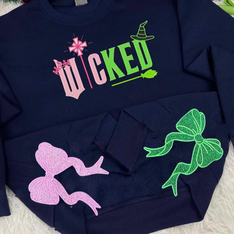 Wicked Defy Gravity Embroidered Sweatshirt, Defy Gravity Embroidered Sweatshirt with Side Bow, Wicked-Inspired Elphaba and Glinda Hoodie