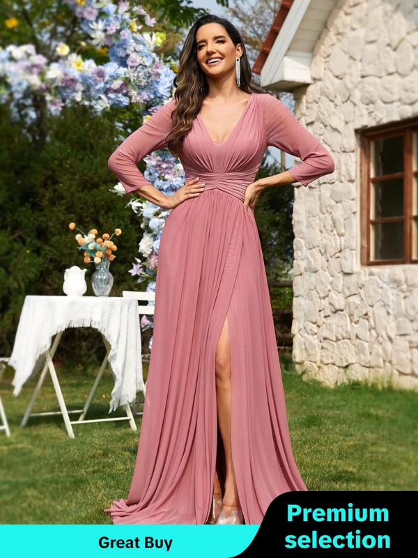 Women's Plain Ruched Split Thigh V Neck Vintage Party Dress, Elegant 3 4 Sleeve A Line Maxi Dress for Party Wedding Guest, Ladies Summer Clothes