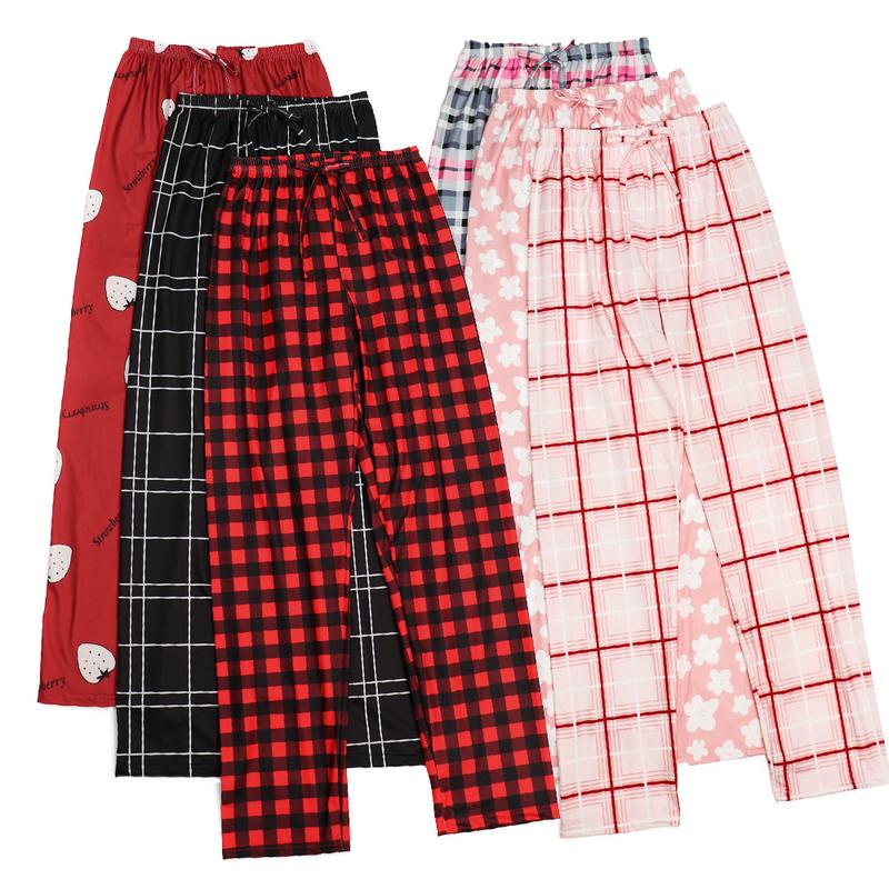 Christmas Gift Red 3 PCS Set Per Pack Girl Women's Soft Drawstring Elastic Waist Loose Cute Cartoon Floral Plaid Knit Causal Long Sleeping Pajamas Trousers PJ Pants Bottom For Fall Comfort Loungewear Nightwear Lady Homewear Casual Pajama Set pants  pyjama