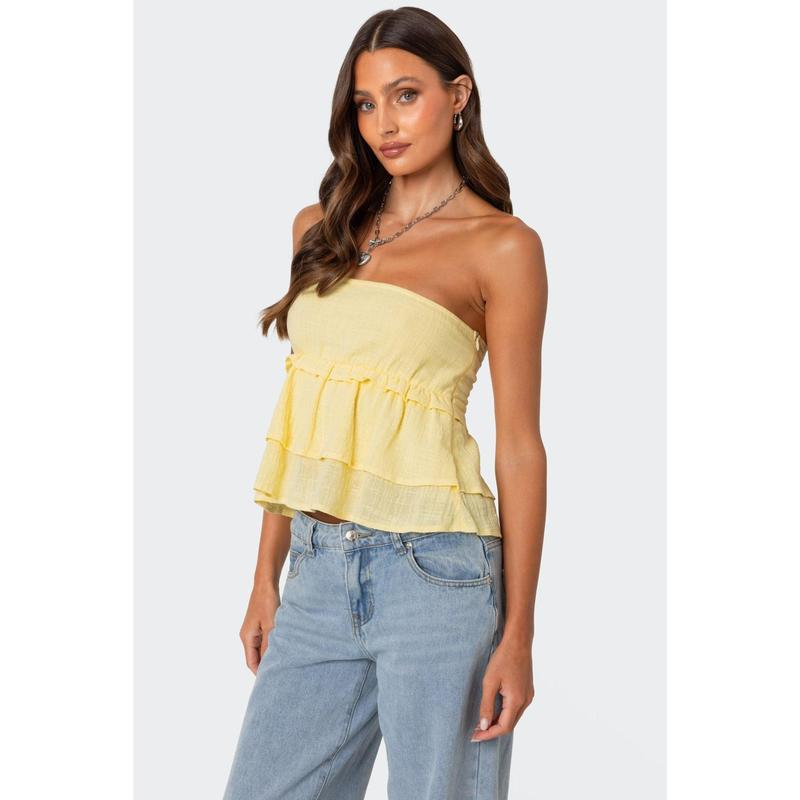 Linen Look Strapless Peplum Top