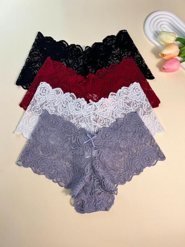 Women's 4pcs Solid Floral Lace Bow Decor Scallop Trim Panties, Casual Soft Comfy Breathable Drop Waist Knicker for Daily Wear, Ladies Underwear for All Seasons, Fall Wear, Fallfreshness