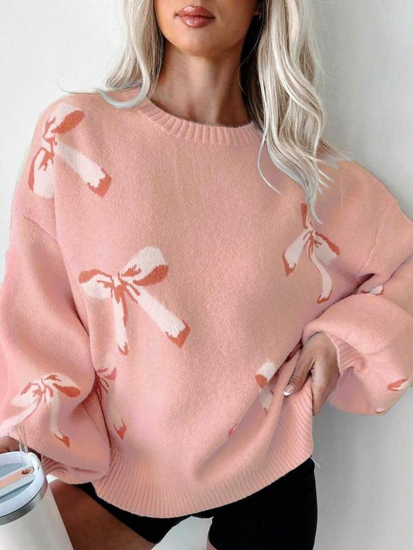 Women's Bow Print Drop Shoulder Sweater, Casual Long Sleeve Round Neck Jumper for Fall & Winter, Cute Sweaters, Fashion Ladies' Knitwear for Daily Wear