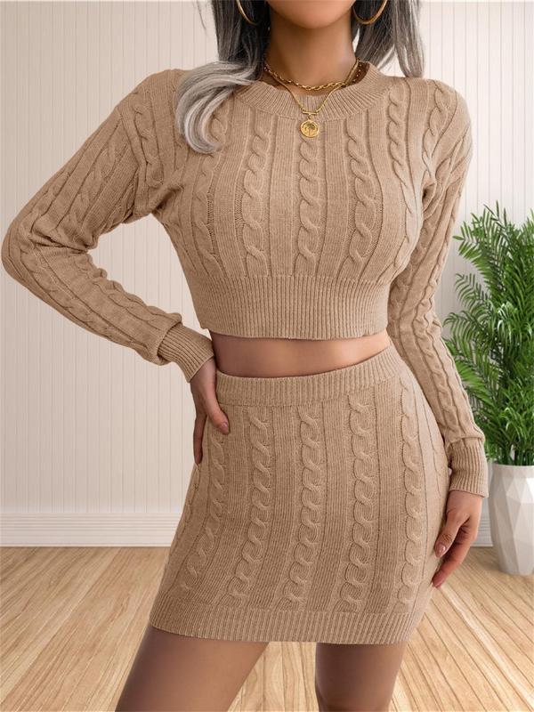 Two-Piece Set Women's Solid Color Textured Crop Sweater & Bodycon Skirt Knitting Set, Casual Fashion Drop Shoulder Crew Neck Jumper & Short Skirt for Daily Outdoor Wear, Women's Knitwear for Fall & Winter