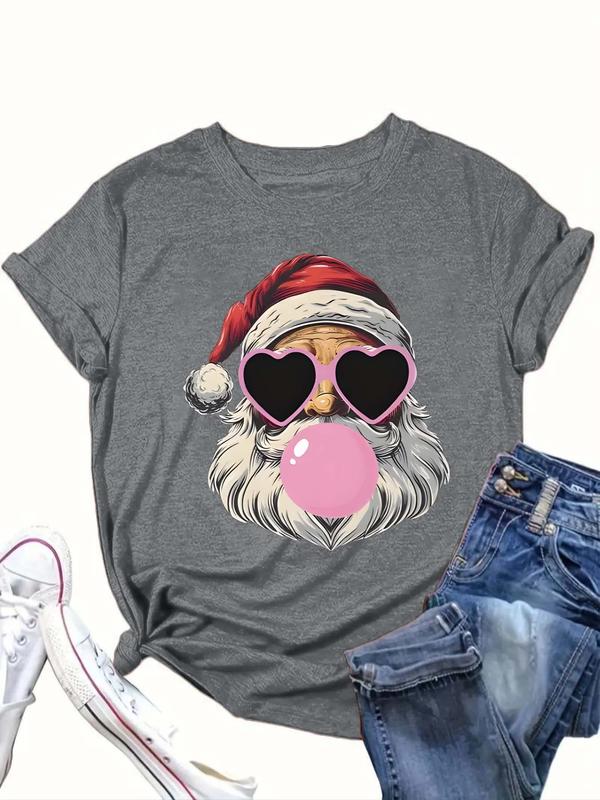  Santa Claus Print Round Neck Tee, Casual Short Sleeve Crew Neck T-shirt for Daily Wear, Women Clothing for All Seasons