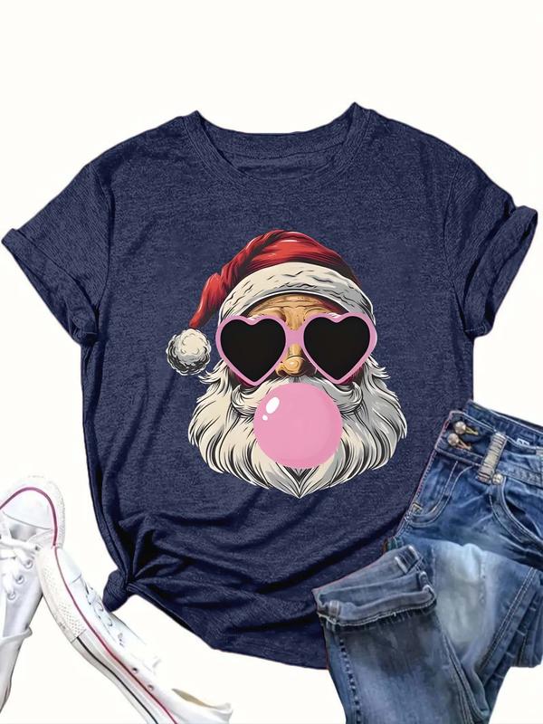  Santa Claus Print Round Neck Tee, Casual Short Sleeve Crew Neck T-shirt for Daily Wear, Women Clothing for All Seasons